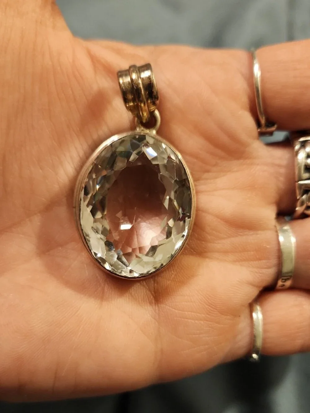 Sterling Silver And Clear Oval Crystal Pendant Necklace